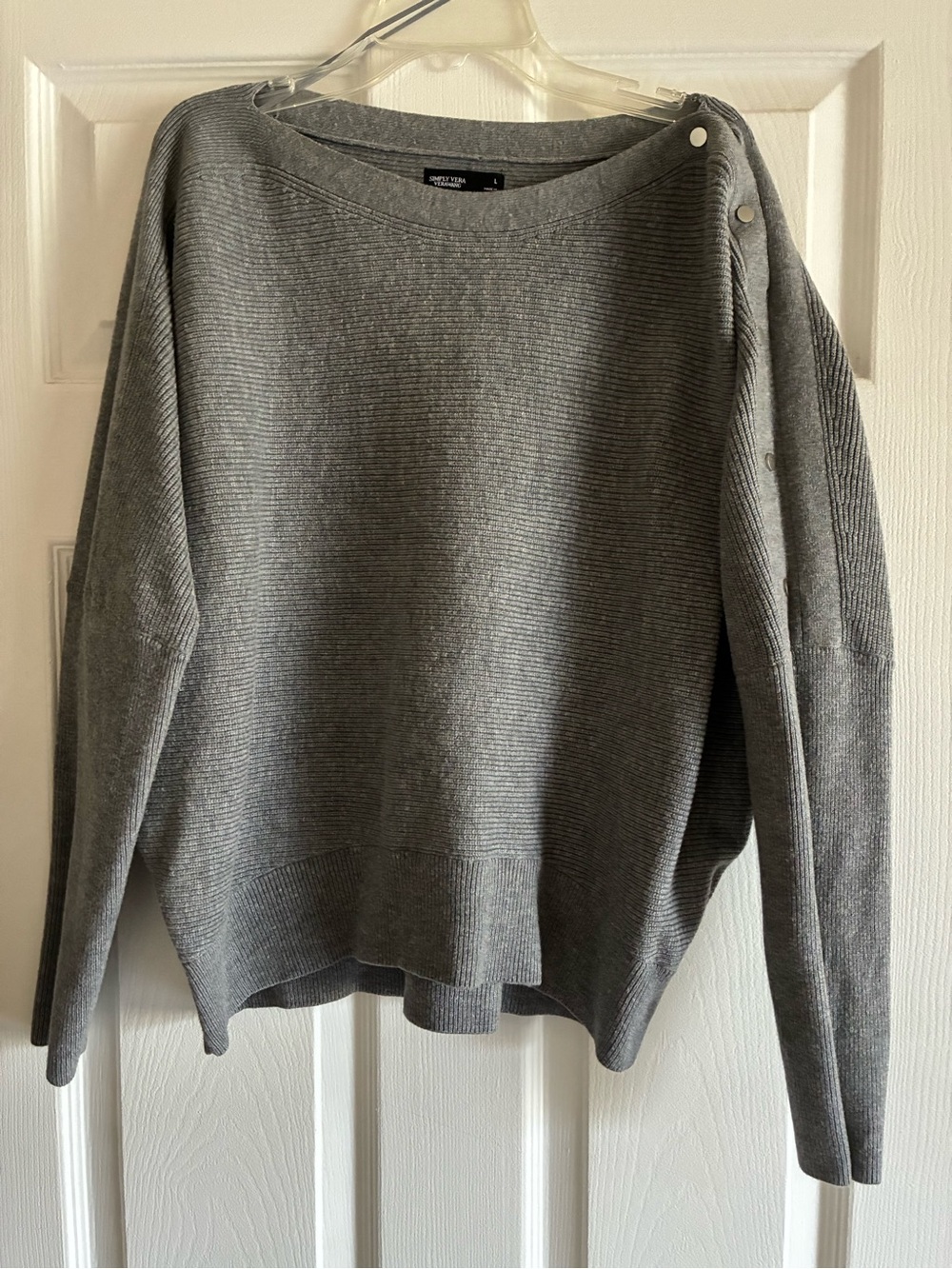 Simply Vera Vera Wang Gray Ribbed Crewneck Sweater with Shoulder Buttons